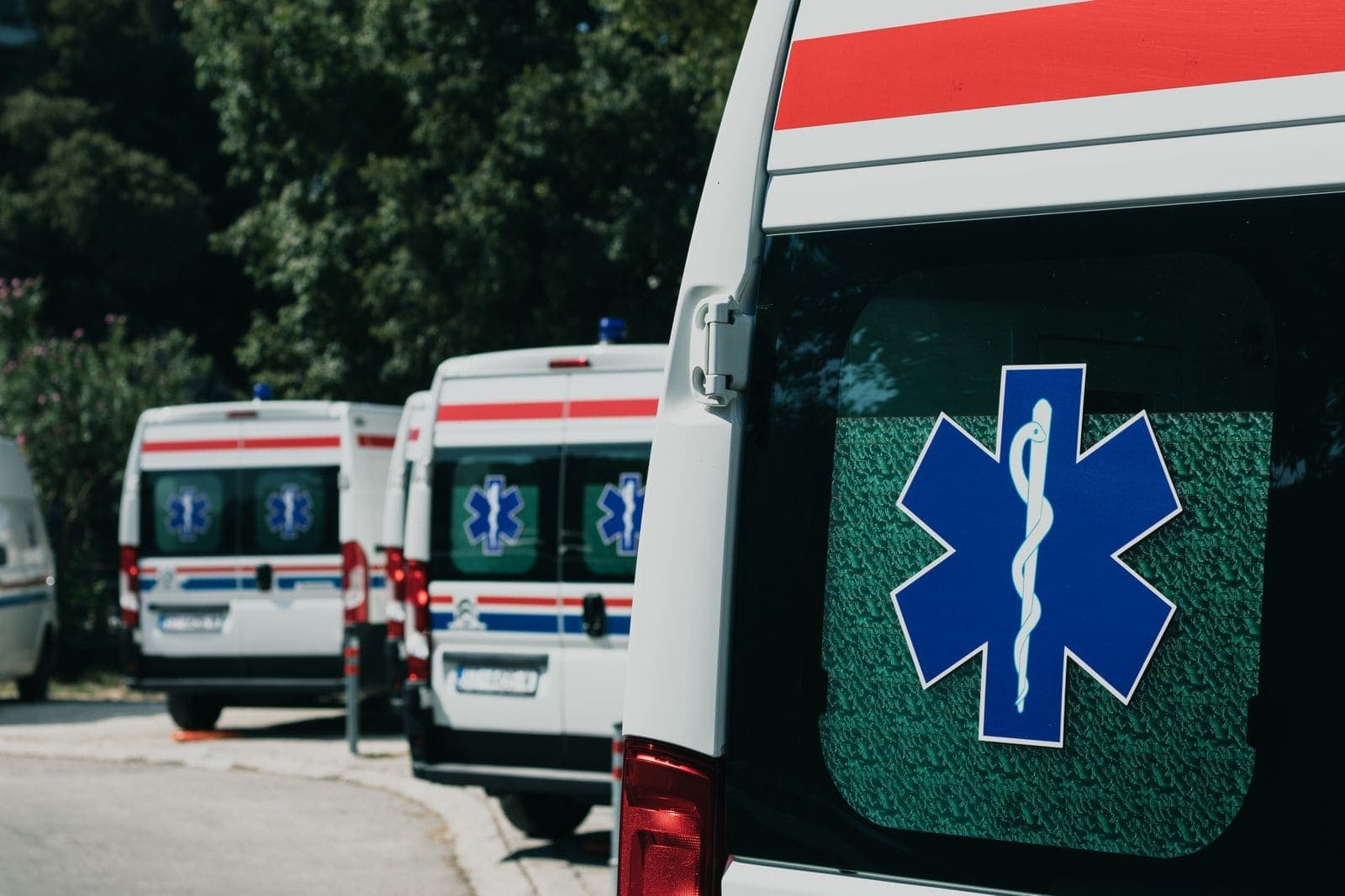 An ambulance parked outside a hospital
