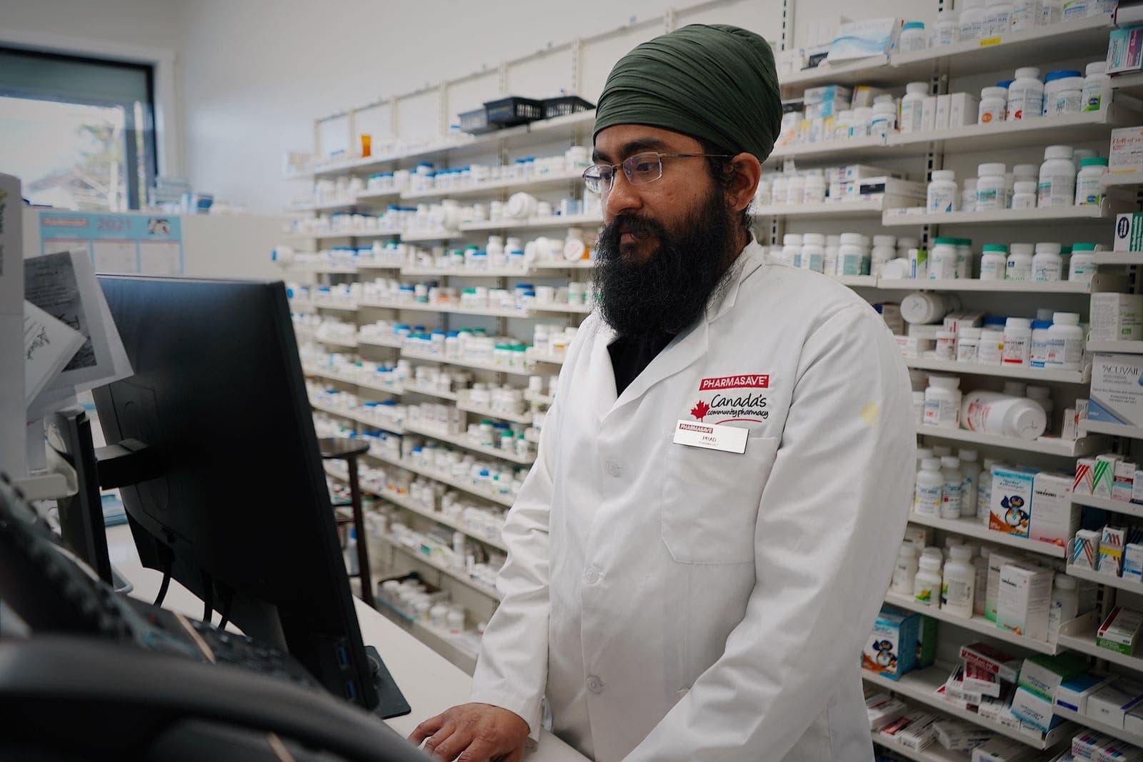 Shelves of medicine in a pharmacy